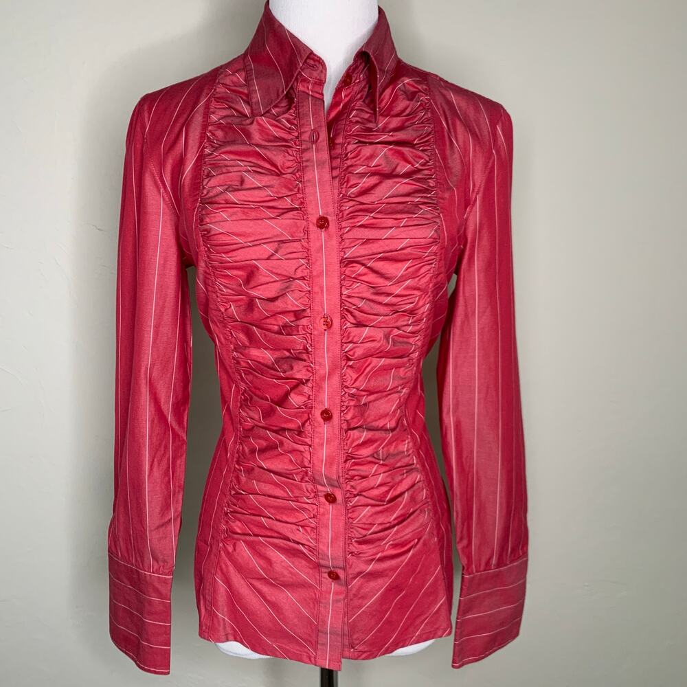Vintage Red Fine Stripe Fitted Front Panel Button Up Shirt Sz Small